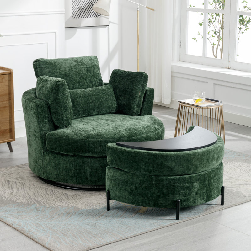Green Chenille Swivel Barrel Chair with Ottoman