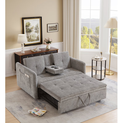 57" 3 In 1 Convertible Sleeper Sofa Bed with two cup holders, Futon Couch with Side Pocket, Usb