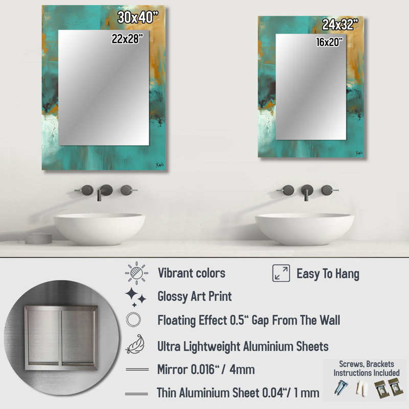 Becoming the Ocean Sun Abstract Teal And Gold III - Abstract Painting Unique Wall Mirror, Modern Mirror, Printed Metal Art