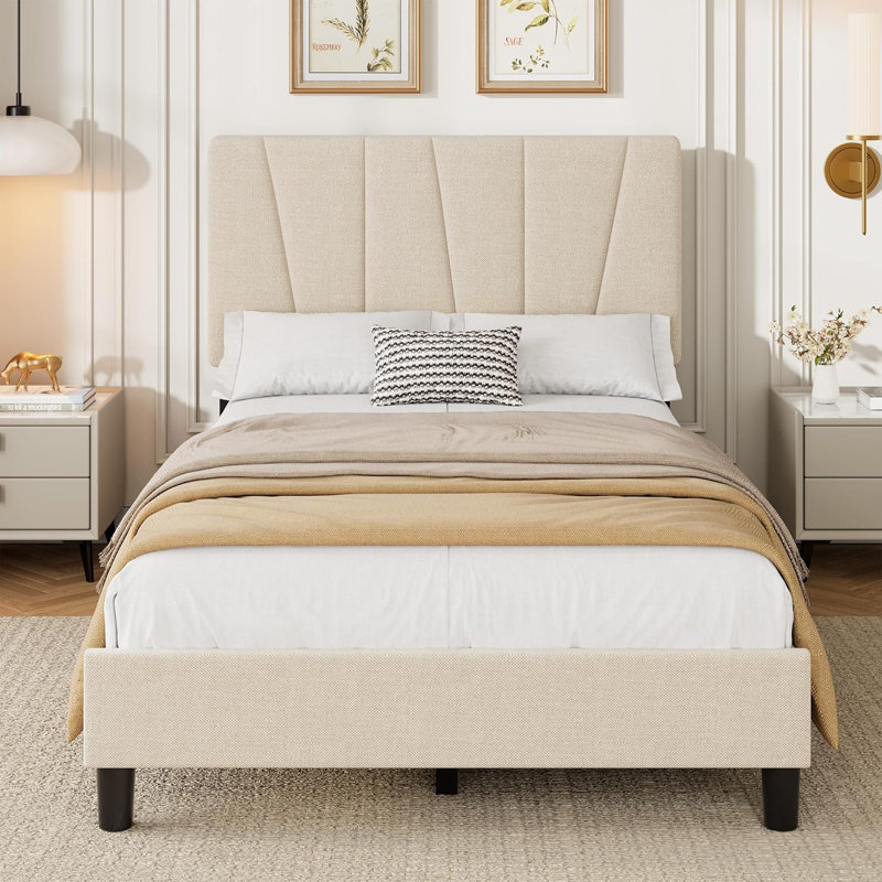 Lit plateforme simple tapissier avec tête de lit réglable, tissu en lin, lattes de bois, facile à assembler, beige, Beige