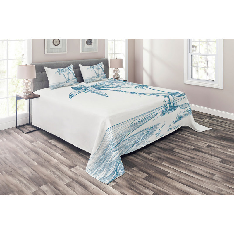 King White Microfiber Quilted Bedspread Set with Palm Tree Design