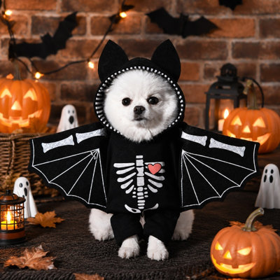 Halloween upright bat pet costume with hood and skeleton print