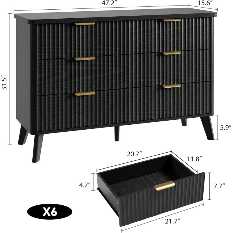 47.2" Wide Fluted 6-Drawer Dresser, Curved Wood Chest with Gold Handles, Black