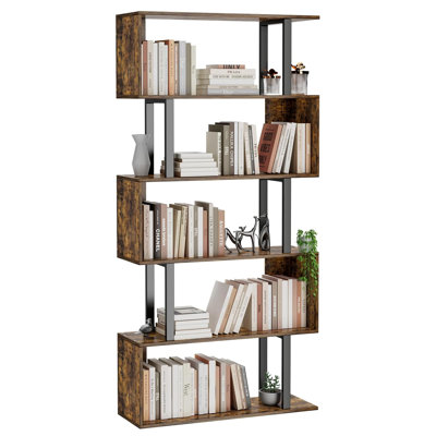 Bibliothèque à 5 niveaux en forme de S, une étagère de rangement décorative moderne en bois autoportante