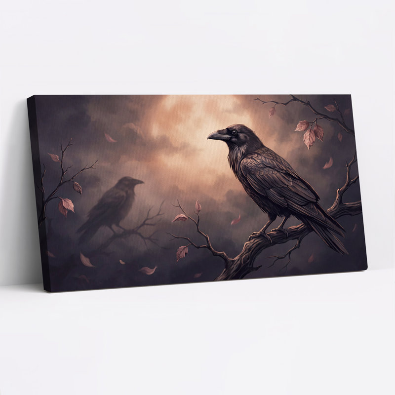 Toile noire d'Halloween perchée sur une branche, ciel éclairé par la lune, 32“W x 16”H