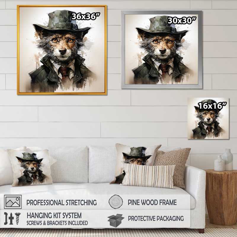 «Black Trenchcoat», loup mystérieux I - loup, art mural animal, Cadre simple noir, H 16 po x l 16 po x P 1 po