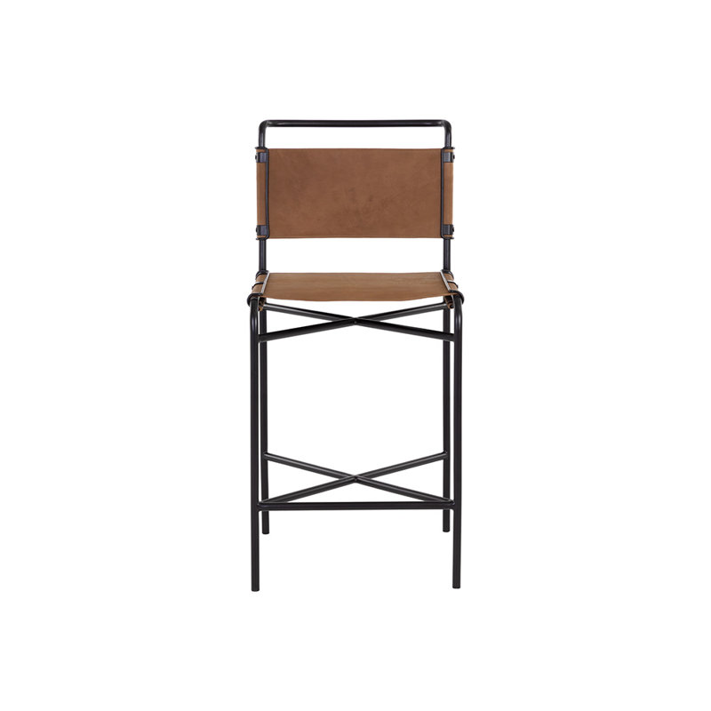 Cognac Leather and Black Steel Counter Stool with Full Back