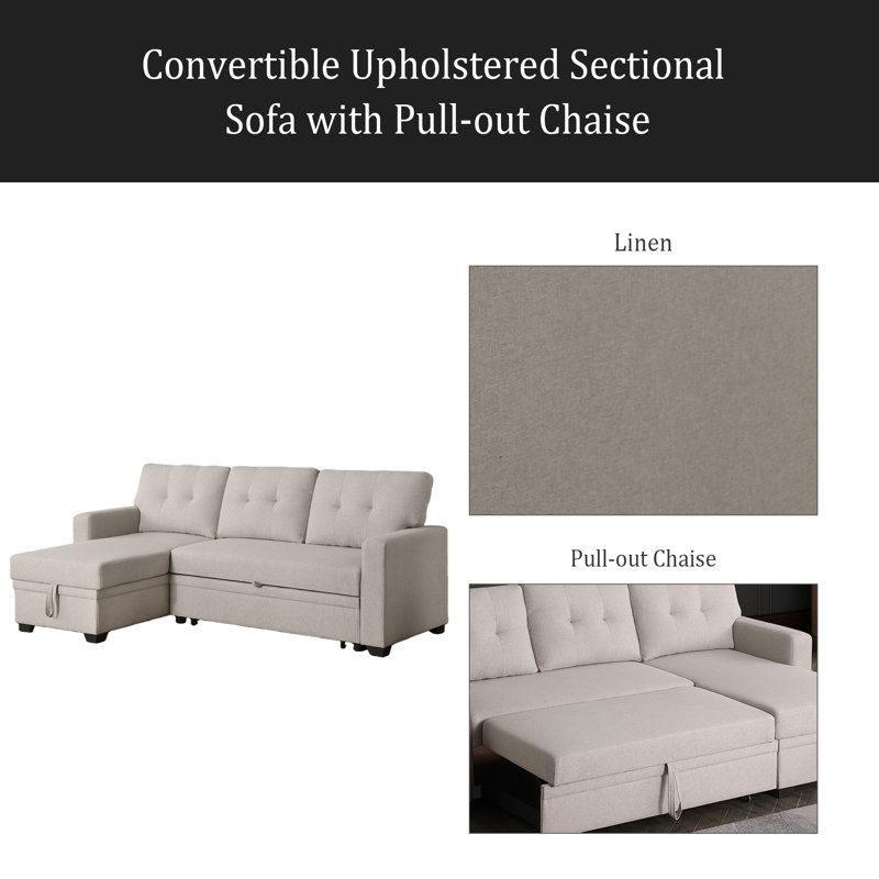 Convertible Upholstered Sectional Sofa With Pull-Out Chaise, Beige, Right Hand Facing