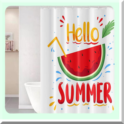 Hello Summer Watermelon Shower Curtain Set - Waterproof Polyester Fabric, with Hooks - Perfect for Bathroom Decor