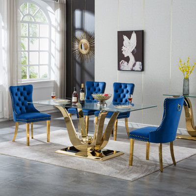 Glass Dining Table Set, Dining Table with Velvet Dining Chairs, 70" Glass Dining Table Set, Kitchen Table and Chairs with Stainless Steel Base for Kitchen Dining Room
