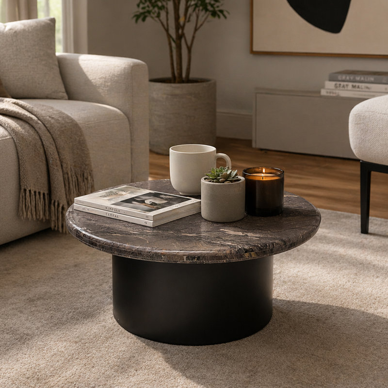 Table basse ronde minimaliste en pierre et métal pour salon - Petite table moderne au style luxueux pour un coin détente - 76 cm, noire
