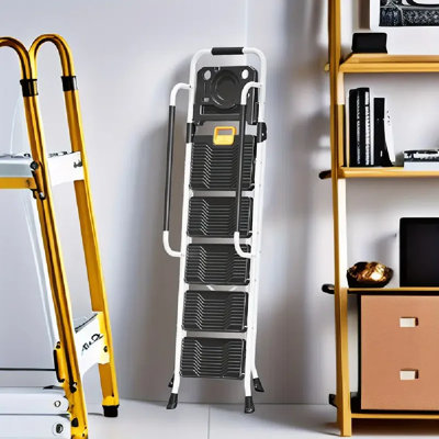 Heavy-Duty 5-Step Folding Ladder | 800 Lbs Capacity With Safety Lock, Tool Tray, Non-Slip Wide Steps & Handrail | Durable Metal Step Stool For Home, Garage, Garden, Painting - White