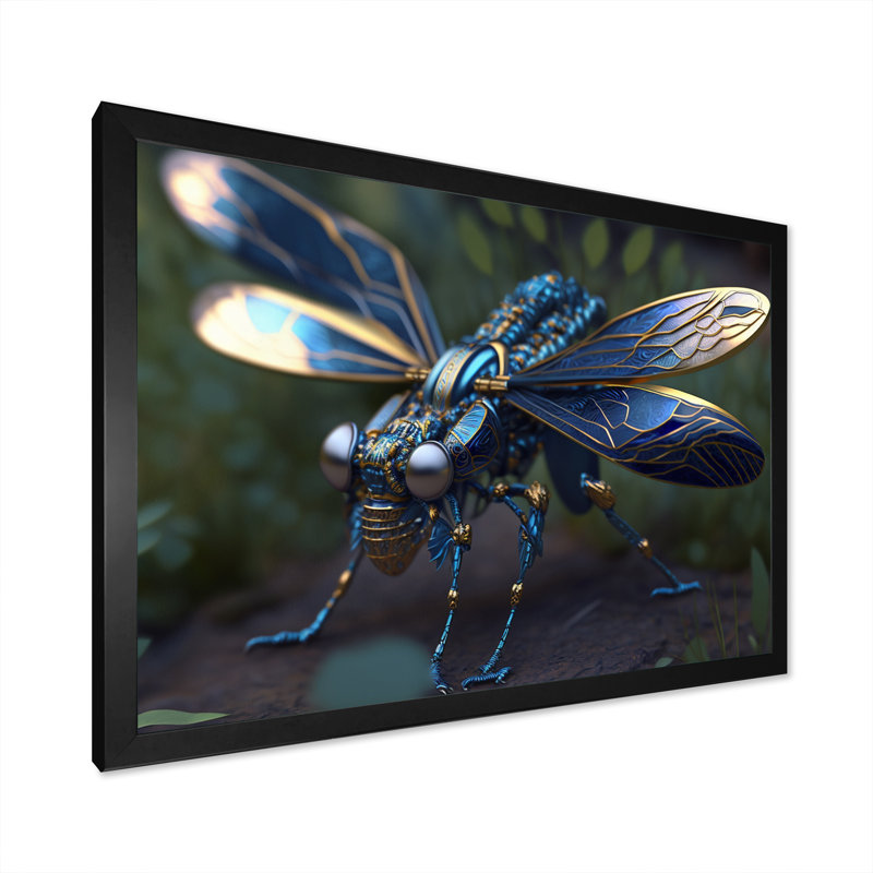 Décoration murale libellule cybernétique en bleu et or II - Libellule animaux, H 12 po x l 20 po x P 1 po