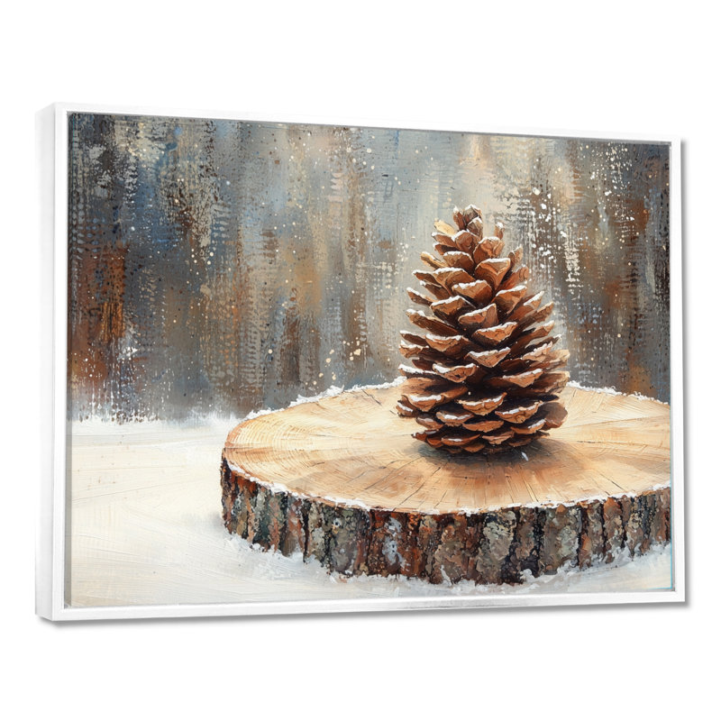 Pinecone In A Winter On A Wood Slide - Pinecone Wall Art, 34" H x 44" W, Cadre flottant blanc