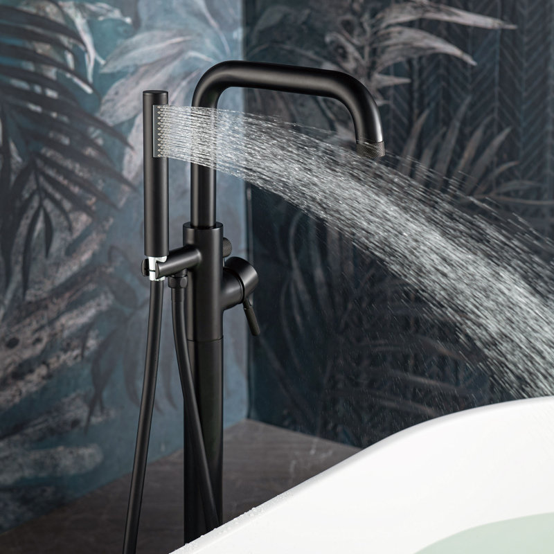 Robinet de baignoire autoportant monocommande à fixation au sol avec douchette, Noir mat