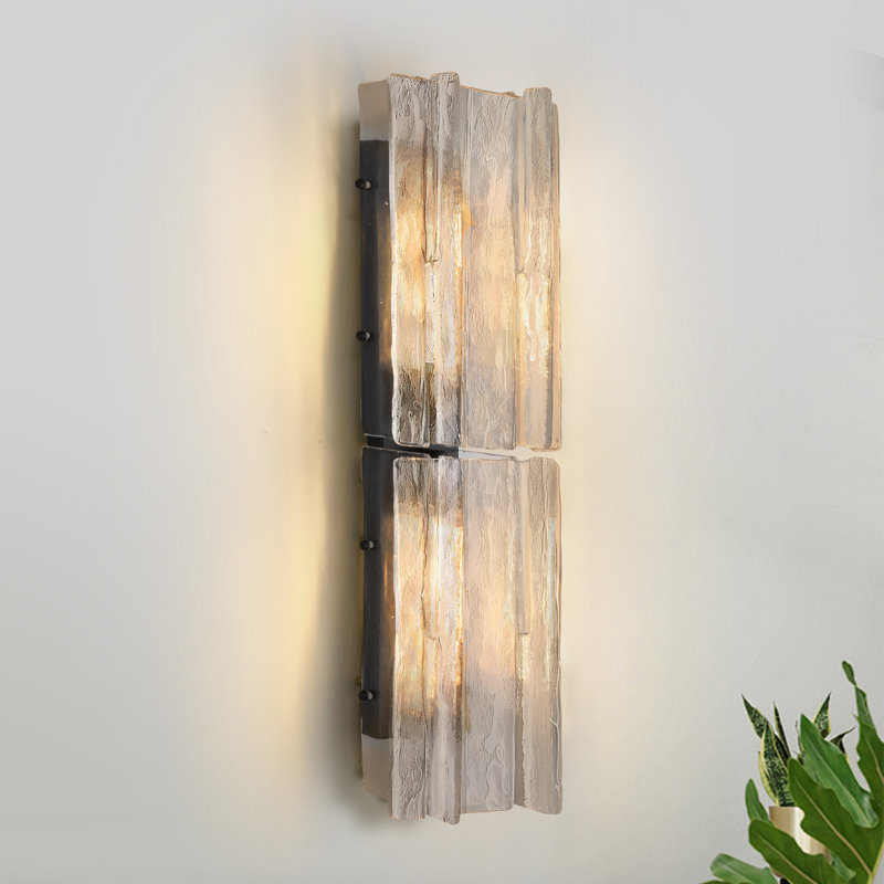2 - Light Large 30" Height Wallchiere With Water Ripple Glass, Matte Black