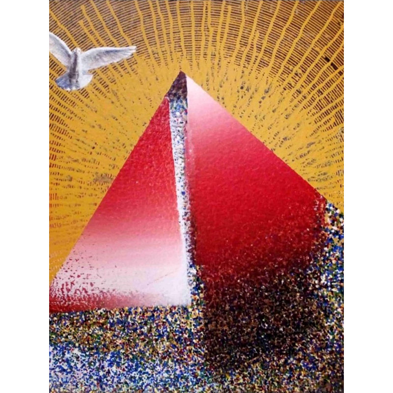 Pyramide avec oiseau, peinture acrylique par Ghanshyam Gupta - Art spirituel abstrait 24 po x 20 po avec motif pyramide symbolique et oiseau