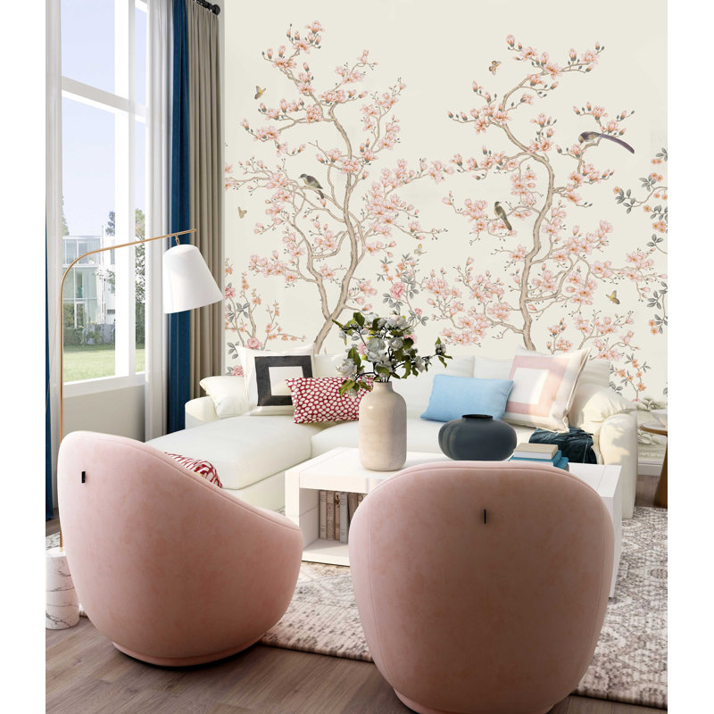 Serene Blossom Hand-Illustrated Chinoiserie Wallpaper Mural, 110.04" L x 204" W, Pink