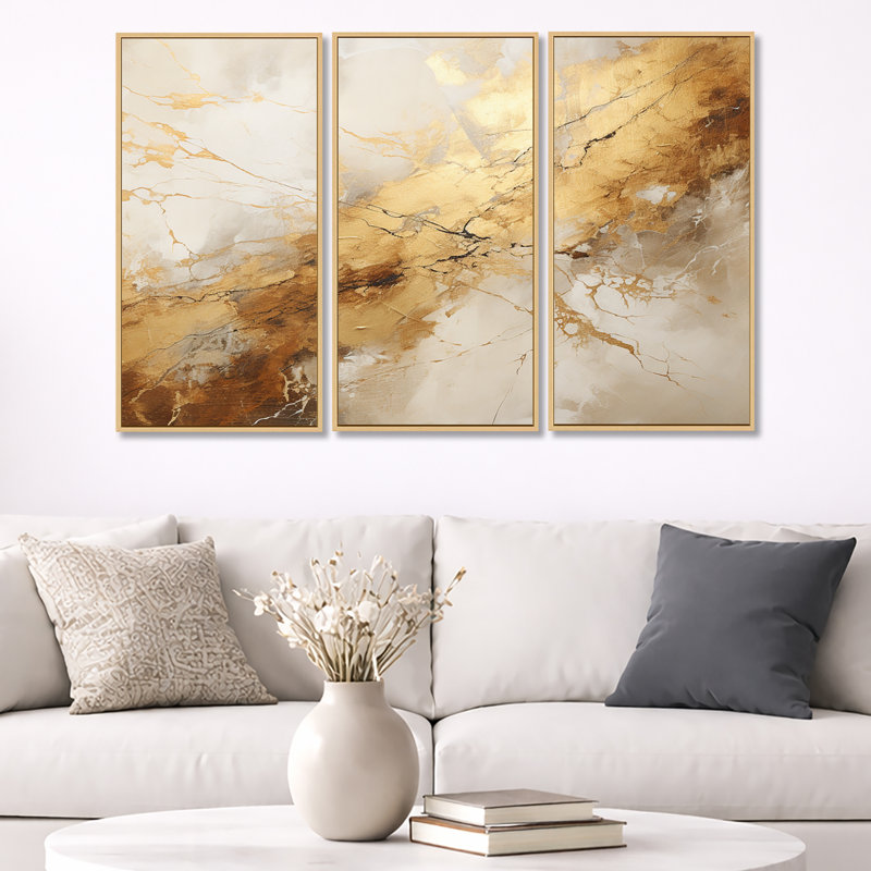 «Beige and Gold Marble Lightning I», ensemble d'art mural sur toile à formes abstraites, H 28 po x l 36 po x P 1 po