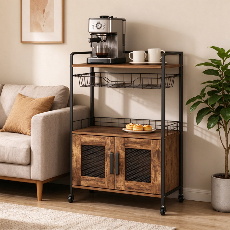 3-Tier Rolling Coffee Bar Cart with Storage, Mobile Coffee Station Featuring 2-Door Cabinet and Pull-Out Wire Basket Drawer, Rustic Brown Microwave Stand for Kitchen