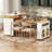 Natural Color And Off-White Multi-Functional Kitchen And Dining Set, With Extendable Extra-Long Tabletop, Drawers, Sockets, Brake Wheels, And A Movable Island That Also Serves As Storage.