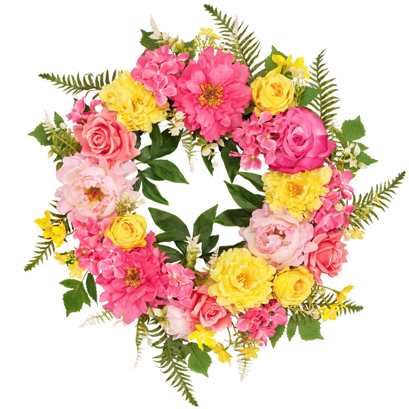 Couronne pour porte d'entrée 21 po, rose vif et jaune avec fleur artificielle