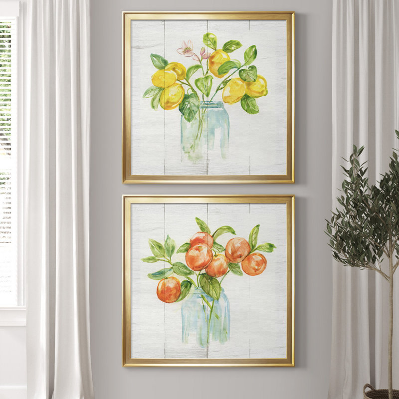Branches de citron - ensemble de 2 impressions, Toile encadrée dorée, Pas de tapis, H 34,5 po x l 69 po x P 1,5 po