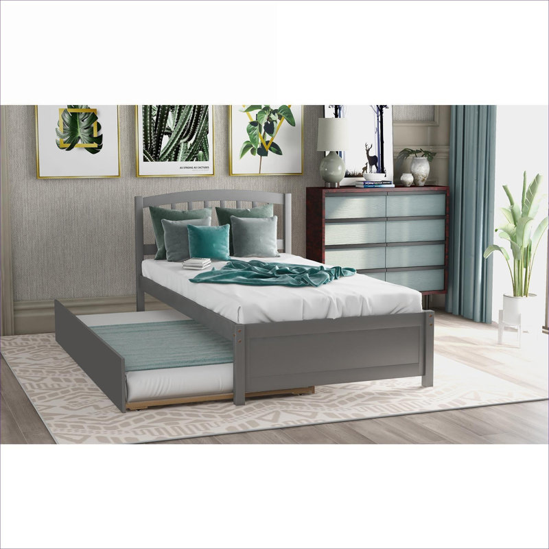 Lit plateforme simple avec lit gigogne et lattes de soutien, bois massif, Gray