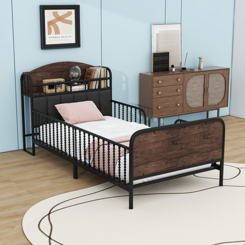 Lit plateforme en métal pour enfants avec tête de lit à DEL et rangement, Simple, Noir