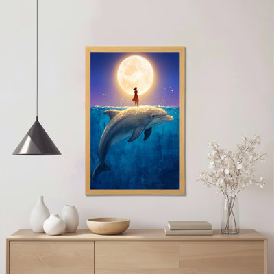 Dolphin And Girl Under Moonlight Canvas Wrapped Wall Art Oil Painting Print Set Of 1