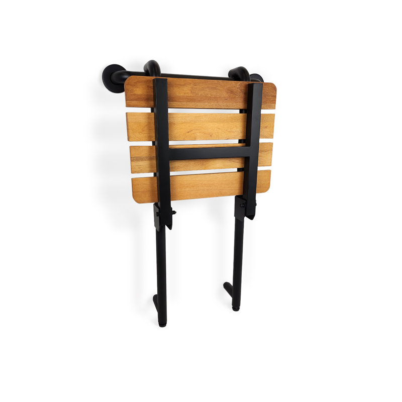 Banc de douche portatif en teck avec barre d'appui 18 po, Natural Teak Wood, Black