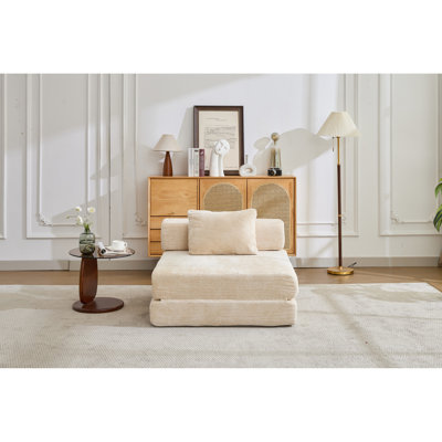 Single Seater Compression Convertible Floor , Beige Chenille, Boneless Modular, No Assembly, Fixed - Shape Frame For Game Room Bed, Compression, Office