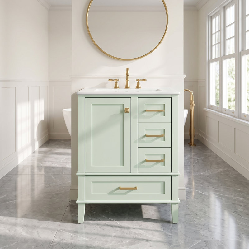 Meuble-lavabo simple Brantley de 63,5 cm (25 po) au fini blanc éclatant, avec comptoir en céramique blanche, portes de style Shaker et rangement à fermeture amortie
