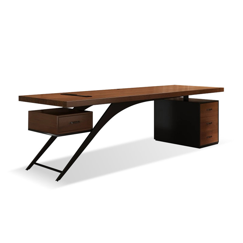 Bureau rectangulaire brun et noir en bois massif et acier au carbone avec 4 tiroirs, H 29,53 po x l 94,49 po x P 31,5 po