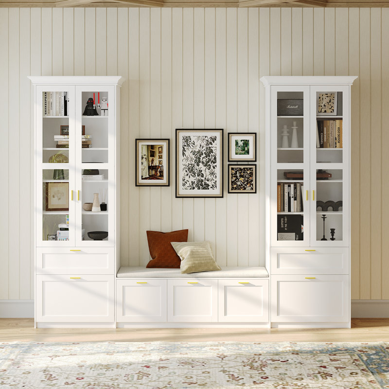 Bibliothèque à 5 tiroirs avec banc et portes en verre l 122 po x H 97 po