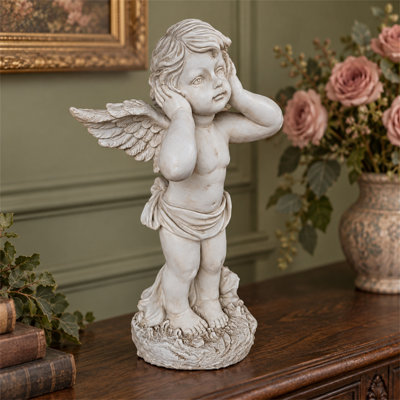 Winged Angel Covering Ears Resin Statue, Antique Grey Hear No Evil Cherub Sculpture, Outdoor Garden Ornament for Lawn Patio Courtyard Decor