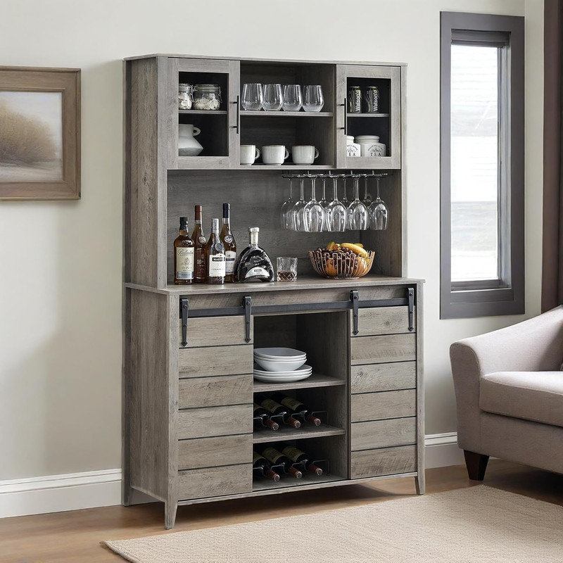 70" Farmhouse Coffee Bar Cabinet with Sliding Barn Door, Wine Rack & Glass Holder, Rustic Kitchen Buffet Storage, Gray