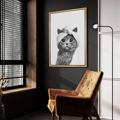 Cute Cat in Towel Canvas Wall Art, Black and White Animal Framed Art Print for Kids’ Bathroom or Whimsical Pet-Themed Space Decor