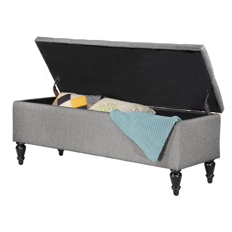 Banc de rangement rembourré avec pieds en bois massif Balcom, gris, H 17,7 po x l 45,2 po x P 18 po