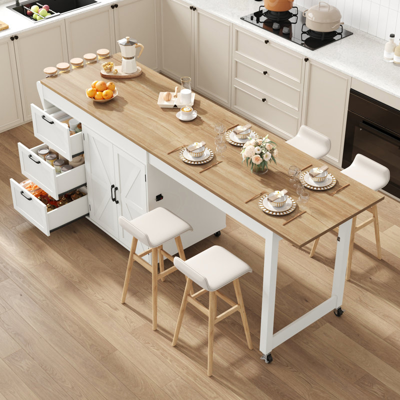 Grand îlot de cuisine 89,6 po avec table de salle à manger extensible sur roulettes, 3 tiroirs et 2 portes pour la cuisine, la salle à manger et le salon