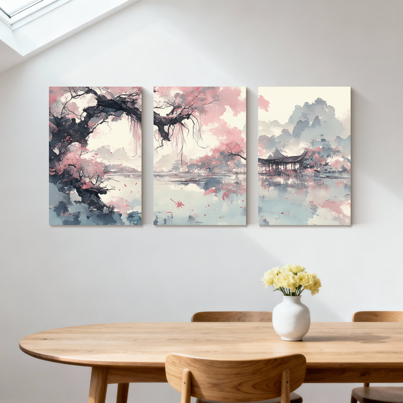 Paysage et nature, arbre à fleurs de cerisier, lac, pavillon, montagnes, reflet, printemps, ensemble de 3 impressions sur toile