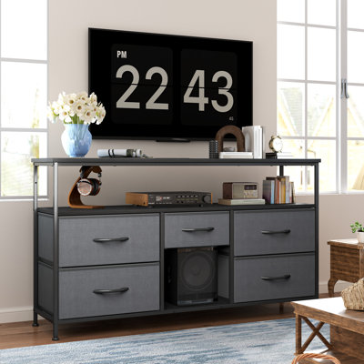 43.3"w Dresser Tv Stand With Power Outlets & Led Lights - 5 Fabric Storage Drawers