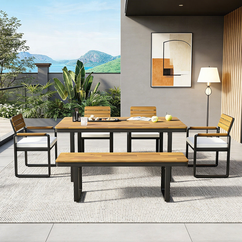 Ensemble repas 6 pièces en bois d'acacia avec coussins confortables, pieds réglables et fabrication durable pour le patio et le jardin