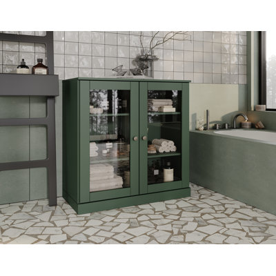 Armoire de salle de bain 100% bois massif 32 po avec portes en verre transparent et tablettes réglables
