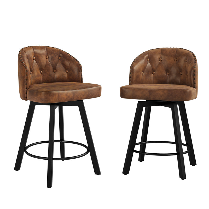 26" Swivel Upholstered Counter Stool With Backrest , Brown/Faux Leather