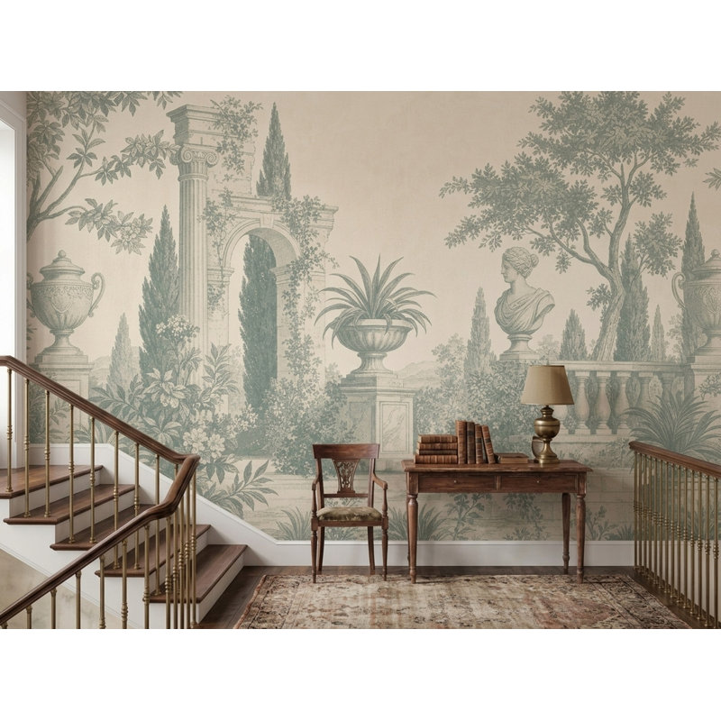 Papier peint toile de Jouy, fresque murale classique de jardin méditerranéen, 160 po x 108 po, Texturé non collé