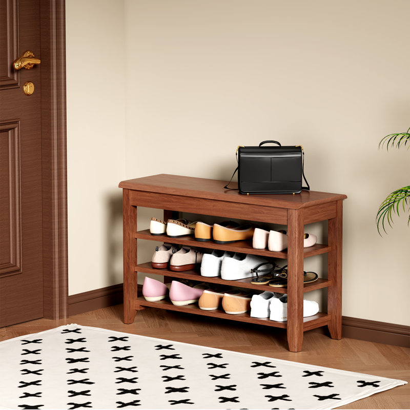 Banc de rangement pour chaussures en bois massif avec compartiment rabattable, étagère à chaussures pour hall d'entrée à 3 niveaux, capacité de 550 lb, style Mid-Century