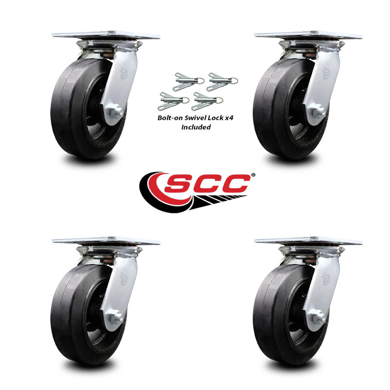 6 Inch Rubber on Steel Caster Set with Ball Bearings and Swivel Locks SCC