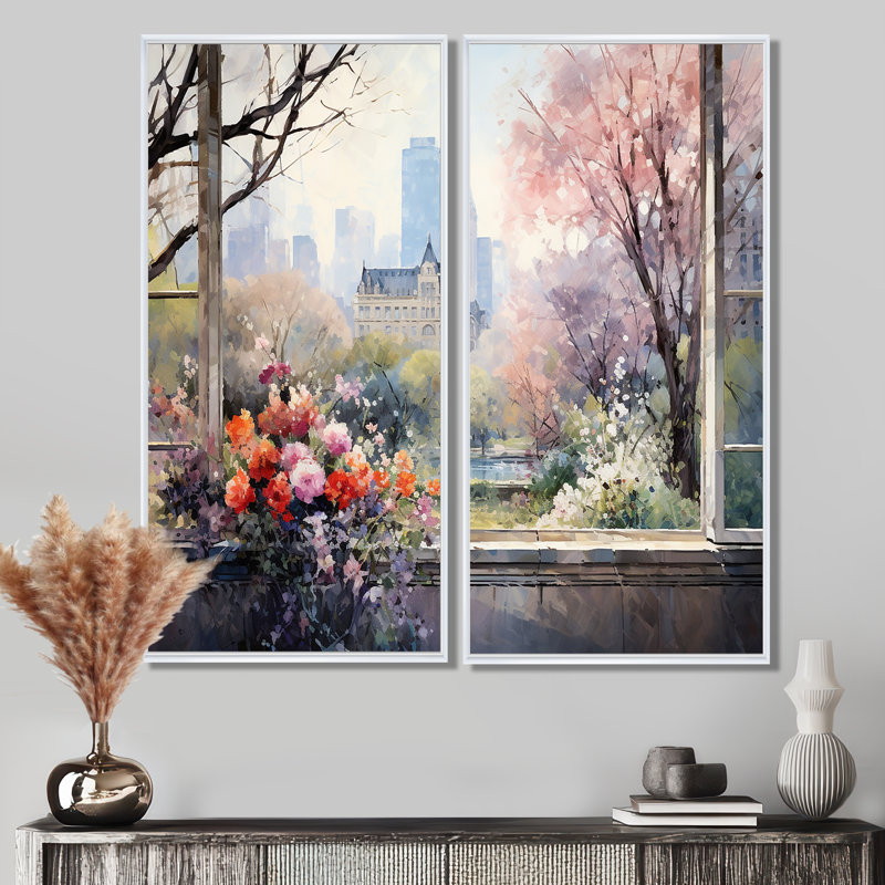 New York Central Park Window Views II - impressions sur toile industrielles colorées 2 pièces, 32" H x 32" W, White
