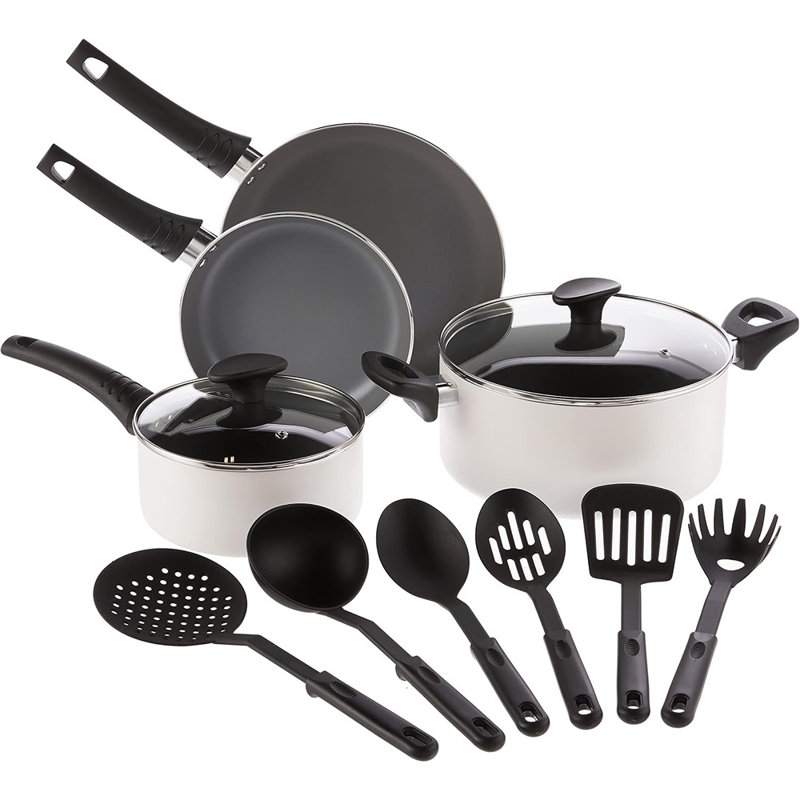 Ensemble de 12 casseroles et poêles antiadhésives avec ustensiles - Batterie de cuisine en aluminium et nylon résistante aux égratignures sans PFOA, crème